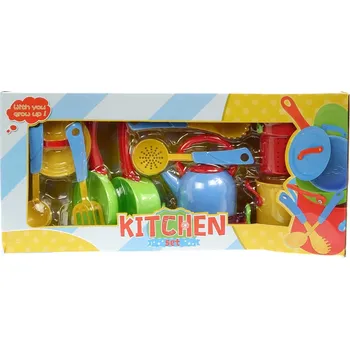 Dětská kuchyňka Nádobí dětské barevné plastové set s kuchyňskými nástroji v krabici