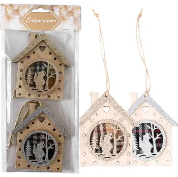 Vánoční dekorace Závěs dřevo 2 ks 90X100Mm domeček, přírodní s glitrem, zlatá, stříbrná