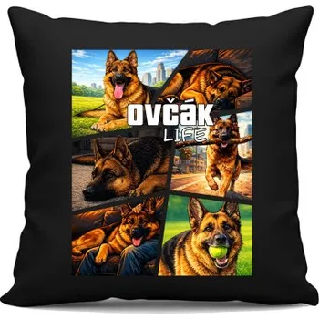Žertovný předmět Ovčák Life - černý polštář s potiskem- Tričkový.cz