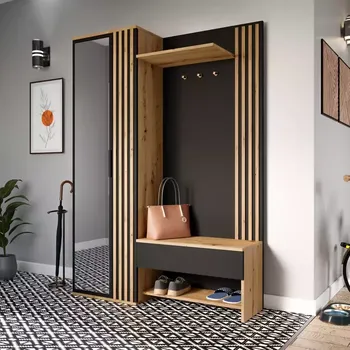 Předsíňová stěna Předsíňová Stěna Milo 140 lamely dub wotan/černá/zrcadlo