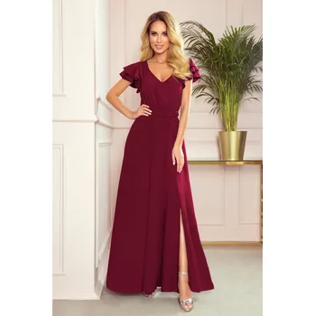Dámské oblečení LIDIA dlouhé šaty s výstřihem a volánky na ramenou 310-1 Barva: Bordová, Velikost: L