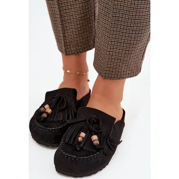 Dámské žabky Dámské pantofle Mule s třásněmi a korálky Černé Belissa 37
