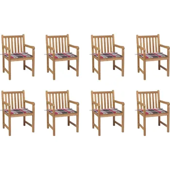 Zahradní židle 8 ks červené kárované podušky masivní teak 3073071