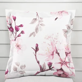 Povlak na polštářek Bavlněný povlak na polštář s lemem Sandra SA-583 Růžové květy s větvičkami na bílém 40 x 40 cm