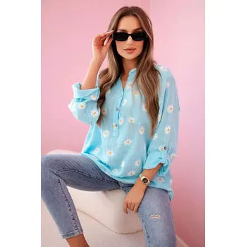 Dámská halenka Lněná dámská halenka s květinovým vzorem, dlouhými rukávy a knoflíky Mátová UNI