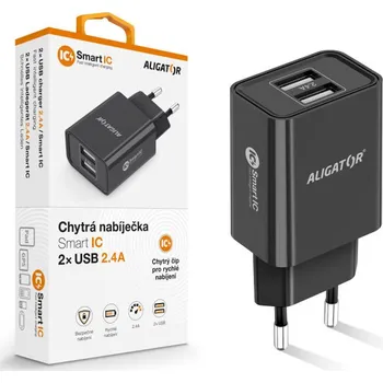 Chytrá síťová nabíječka ALIGATOR 2.4A, 2xUSB, smart IC, černá