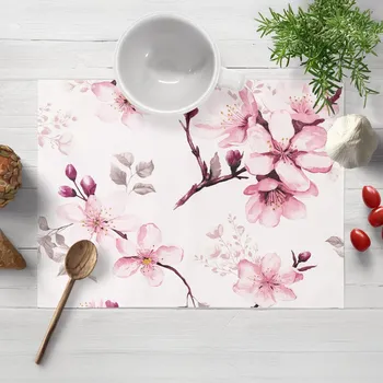 prostírání Bavlněné prostírání na stůl Sandra SA-583 Růžové květy s větvičkami na bílém 30x40 cm