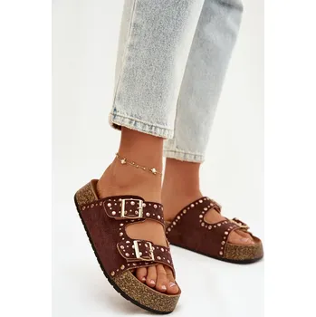 Dámské žabky Dámské pantofle s zlatými sponami a knoflíky hnědé Tervina 38