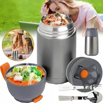Termoska Pojemnik Termiczny na Jídlo z Nerezové Oceli 650 ml, s Lžící a Vidličkou