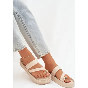 Dámské žabky Dámské textilní pantofle s pásky a zlatým detailem světle béžové Farielle 41