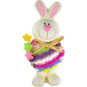 Velikonoční dekorace Zajíček keramický ve svetru s kytičkou 14 cm
