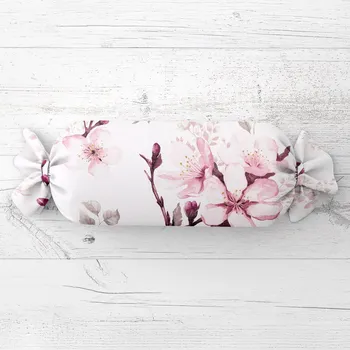 Dekorativní polštářek Polštář válec bonbon Sandra SA-583 Růžové květy s větvičkami na bílém 15x40 cm