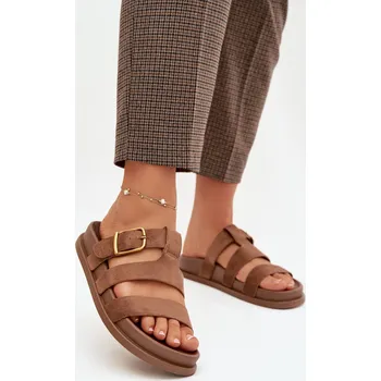 Dámské sandále Dámské pantofle s pásky a zlatým sponou, hnědé Ulirissa 36