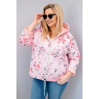 Dámská jarní prošívaná bunda Plus Size s kapucí a květinovým vzorem pudrově růžová UNI