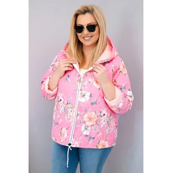 Dámská jarní prošívaná bunda Plus Size s kapucí a květinovým vzorem světle růžová UNI