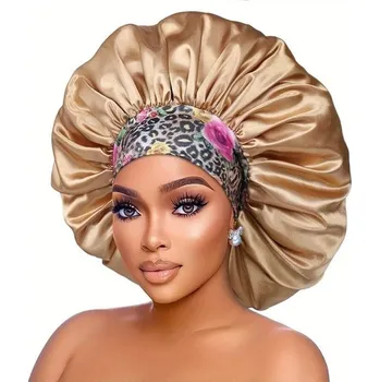 Čepice Dámská čepice na spaní s květinovým potiskem a širokým okrajem Saténová univerzální velikost khaki