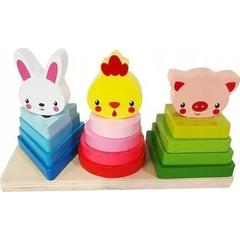 Dřevěná hračka DŘEVĚNÁ SKLÁDAČKA PYRAMIDA VĚŽ ZVÍŘATA PRASÁTKO KRÁLÍČEK KUŘE