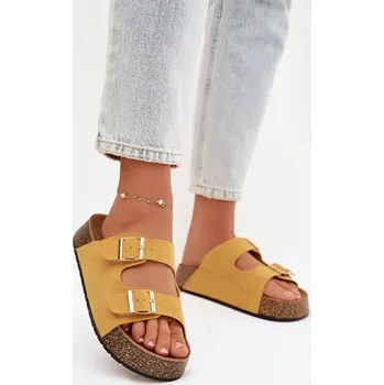 Dámské sandále Dámské pantofle na korkové platformě se zlatými sponami Žluté Tovessa 38