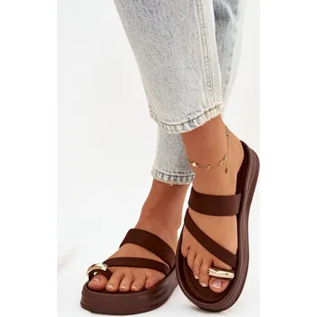 Dámské žabky Dámské látkové pantofle s pásky a zlatým detailem čokoládové Farielle 39