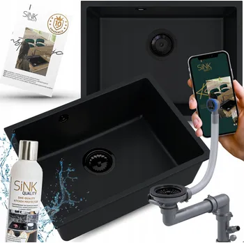 Granitový dřez Dřez pod desku černý JEDNOKOMOROVÝ + ČERNÝ SIFON 9v1
