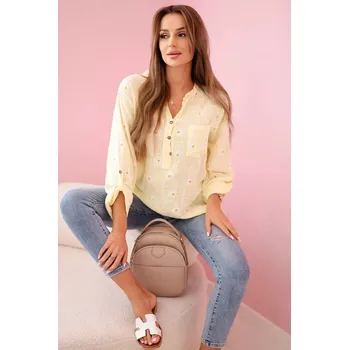 Dámská halenka Lněná dámská halenka s květinovým vzorem, dlouhými rukávy a knoflíky Žlutá UNI