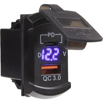 Auto elektroinstalace USB nabíječka QC3.0 + USB-C+voltmetr palců Rocker12 - 24V, 48W, 34722B