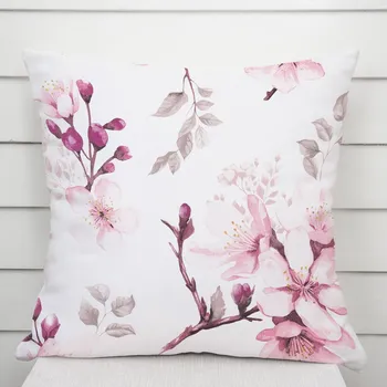 Povlak na polštářek Bavlněný povlak na polštář Sandra SA-583 Růžové květy s větvičkami na bílém 50 x 60 cm