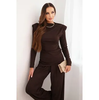 Dámský bavlněný komplet s halenkou a kalhotami s širokými nohavicemi hnědý UNI