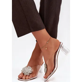 Dámské žabky Průhledné nazouváky na podpatku s ozdobou D&A MR1037-20 stříbrné 38