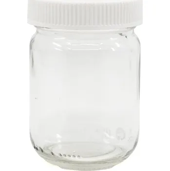 Lahvička skleněná širokohrdlá 130ml s plastovým bílým víčkem