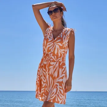 Dámská móda Krátké plážové šaty s potiskem meruňková/režná 40
