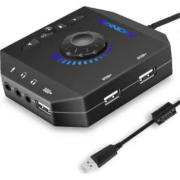 Externí Zvuková Karta Phoinikas T-10 Plug & play USB zvuková karta pro vylepšení nebo náhradu vadné zvukové karty. Nabízí 3x USB 2.0 porty a 3x 3,5mm audio vstupy pro sluchátka, mikrofon a reprodukto