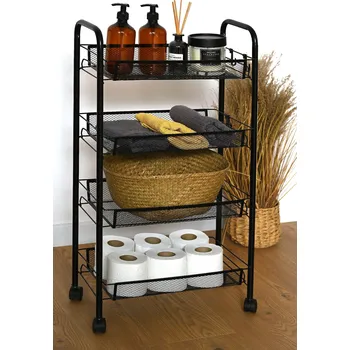 regál Kuchyňský vozík, regál na kolečkách, pomocný, 4 police, černý kov