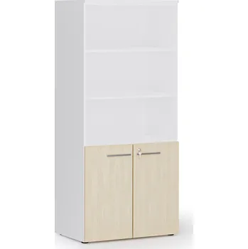 Kancelářská sestava Kombinovaná kancelářská skříň PRIMO WHITE, nízké dveře, 800 x 500 x 1781 mm, bílá/bříza