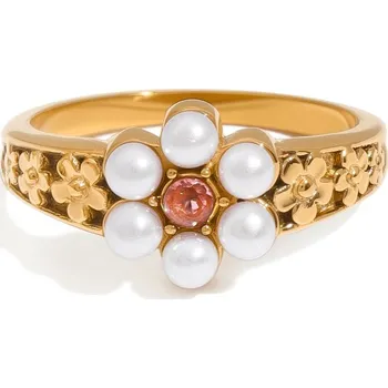 Prsten ELENYS Flower Pearl – pozlacený prsten 18K žluté zlato Velikost: 7 (EU: 54-56) pozlacený prsten 18K žluté zlato