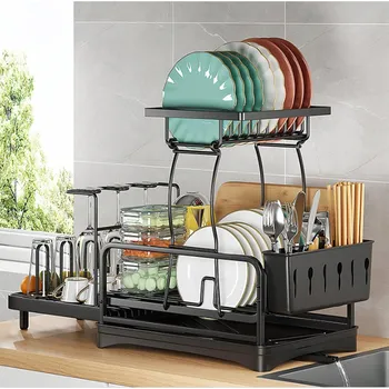 Odkapávač na nádobí ODKAPÁVAČ ODKAPÁVAČ NA NÁDOBÍ DVOUÚROVŇOVÝ S ODKAPEM Černý 47 cm x 42 cm x 30 cm