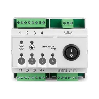 Ovládací terminál Auraton Virgo (4D PRO), určený k montáži do rozvodnice (šířka 6 modulů) a následnému řízení pohonů na rozdělovači podlahového vytápění 1-4 zóny
