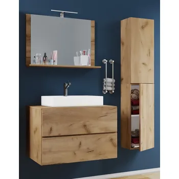 Koupelnový nábytek VCM 4dílná umyvadlová skříňka Lendas M 60 cm se zrcadlem a vysokou skříňkou, dub medový 488035