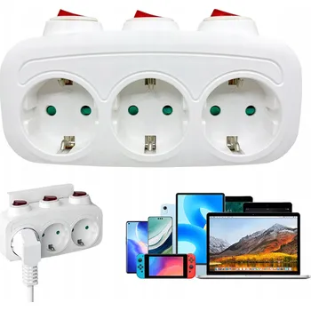 Elektrická zásuvka ROZBOČKA 3 ZÁSUVKY 3x VYPÍNAČ LIŠTA 16A Bílý odolný