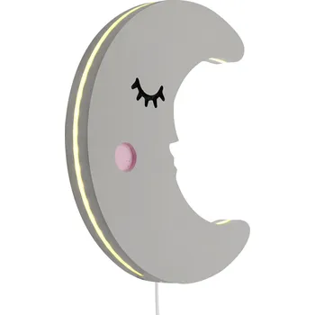 Lampička Noční Lampa Pro Děti Šedý Měsíc Na Zeď Závěsná Dřevěná LED Páska