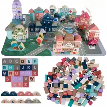 Dřevěná hračka VELKÁ SADA DŘEVĚNÝCH STAVEBNICE MĚSTO PUZZLE AUTA