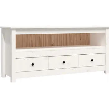 Televizní stolek TV stolek z masivního borovicového dřeva, 3 zásuvky, bílý, 114x35x5