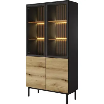 Obývací stěna Vitrína Lang A vysoká + LED Černá/dub Evoke