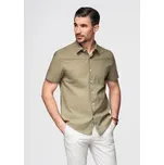 Pánská lněno-bavlněná košile s krátkým rukávem s kapsou - zlomená V1 OM-SHSS-0167 Barva: Olivová, Velikost: XL