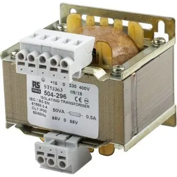 Transformátor Oddělovací transformátor 50VA, primární napětí: 230 V ac, 245 V ac, 400 V ac, 415 V ac, sekundární napětí: ±55V ac,