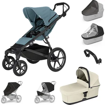 Přeprava dětí THULE Urban Glide 4-wheel Mid Blue + korba Soft Beige + pláštěnka + moskytiéra + madlo + pláštěnka a moskytiéra na korbu