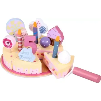 Dřevěná hračka Dřevěný narozeninový dort na krájení se svíčkami a dekoracemi