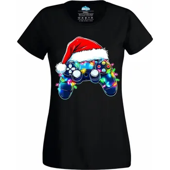 Dámské tričko Dámské tričko Vánoční Ovladač s Čepicí (Velikost: M, Barva: Černá)
