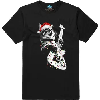 Pánské tričko Pánské tričko Vánoční Kočka s Kytarou (Velikost: S, Barva: Černá)