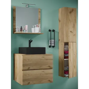 Koupelnový nábytek VCM 4dílná umyvadlová skříňka Lendas BL L se zrcadlem 60 cm + vysoká skříňka, dub medový 488401